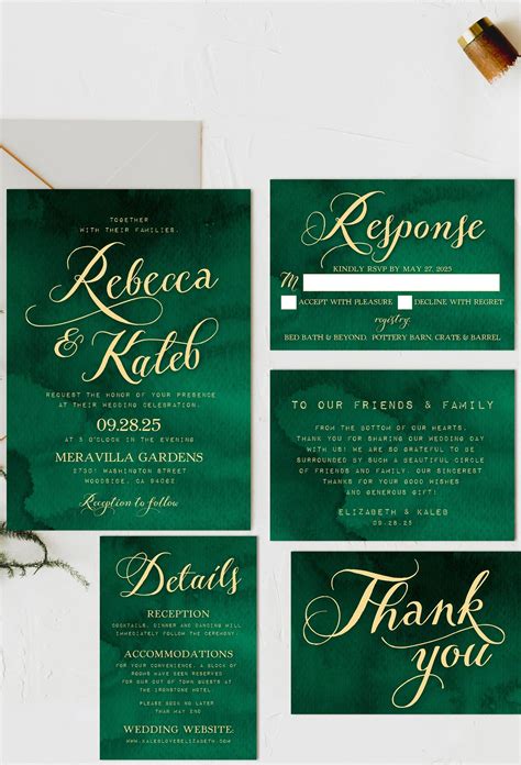 Emerald Green and Gold Wedding Invitation Suite Watercolor | Etsy | Gold wedding invitations ...