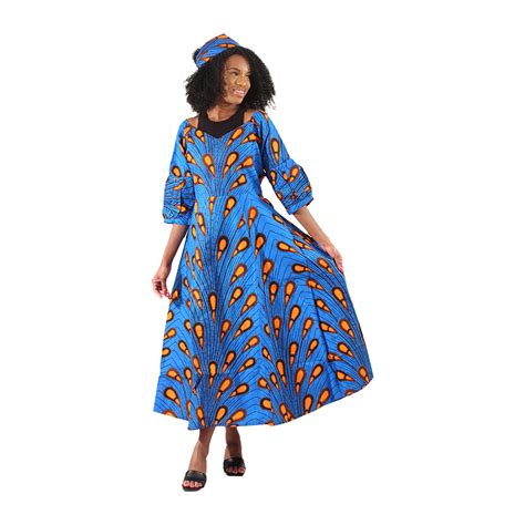 Blue Peacock Print Long Dress - Women's Dresses-African Fashion