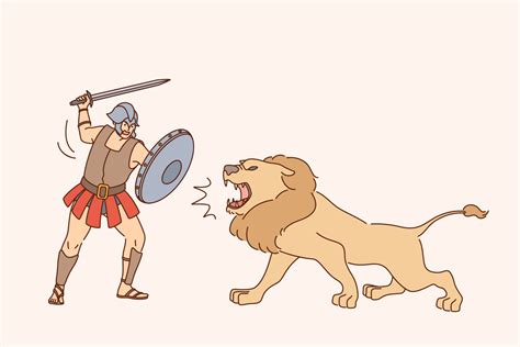 Gladiator with lion fight concept. Young man gladiator cartoon ...