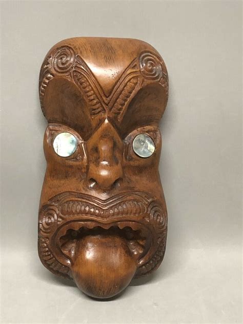 New Zealand Aboriginal Carved Wood Maori Mask Tiki Shell Eye Wall ...