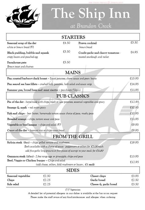 Menu at The Ship pub & bar, Southery