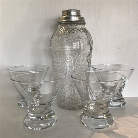 Four Grey Goose Stemless Martini Glasses With Crackle Finish Glass Martini Shaker - Set of 5 ...