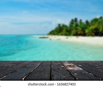 Wood Table Top On Blurred Blue Stock Photo 1636827403 | Shutterstock