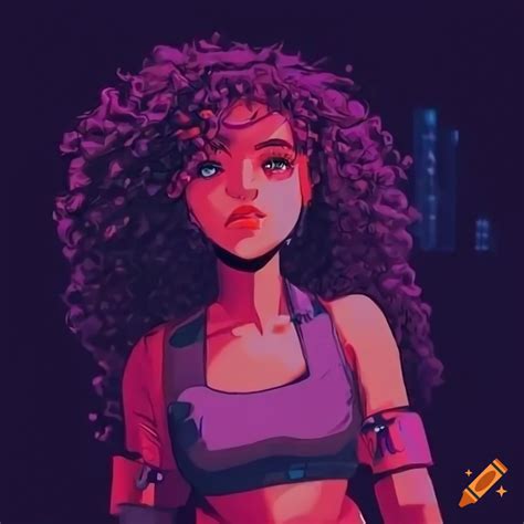 90s anime style girl with black curly hair in futuristic clothes on Craiyon