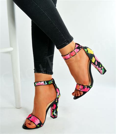 New Womens Floral Print Ankle Strap Sandals Ladies High Block Heels ...