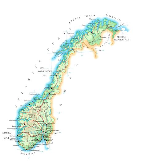 Large detailed physical map of Norway with roads, cities and airports ...