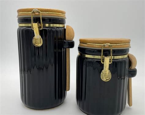 Black Ceramic Canister Set of 2 Pair of 90s Black Clamp Style Lid Jar - Etsy