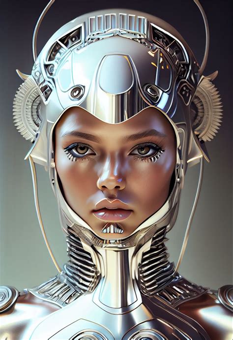 a woman in a futuristic suit with metal parts on her head and shoulders, looking at the camera