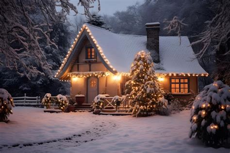 Premium Photo | Cozy Christmas Cottage snow winter snowfall old tree ...