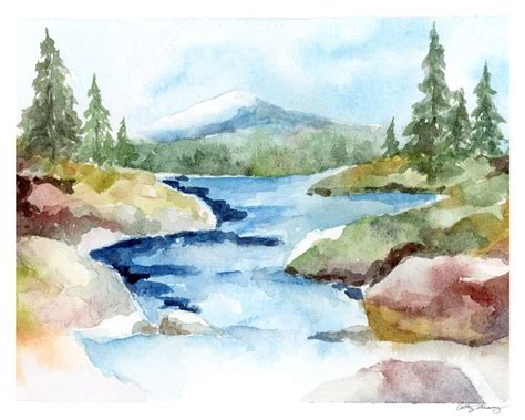 a watercolor painting of a river with mountains in the background