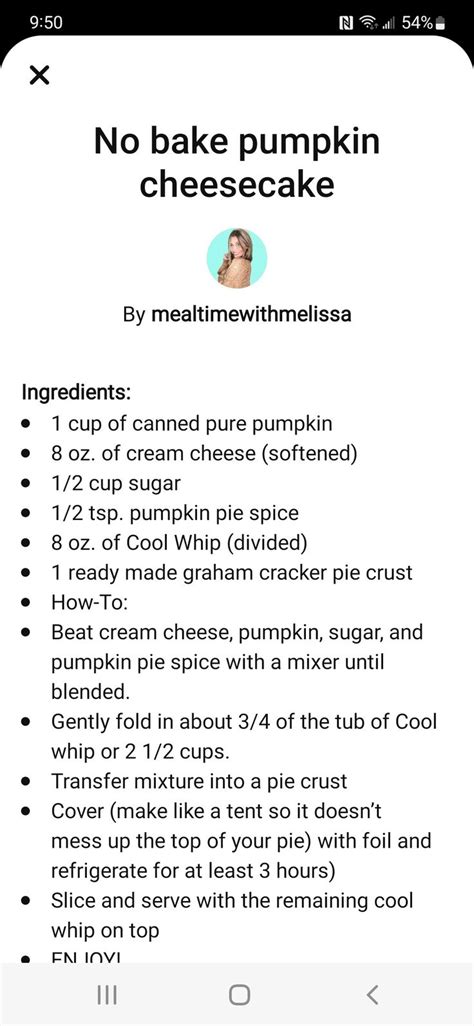 the recipe for no bake pumpkin cheesecake is shown on an iphone screen ...