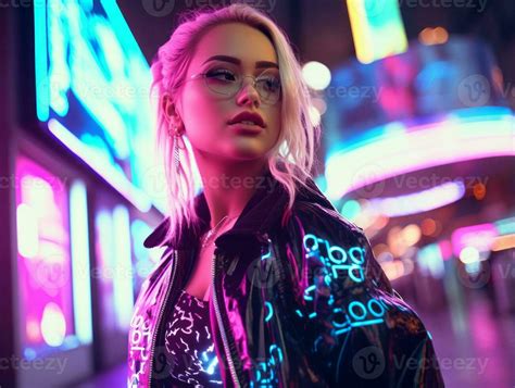 woman in futuristic clothes enjoys leisurely stroll through neon city streets AI Generative ...