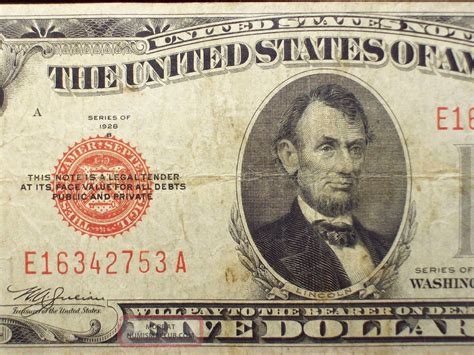 Series Of 1928 - B $5 United States Note Red Seal Five Dollar Bill Usn