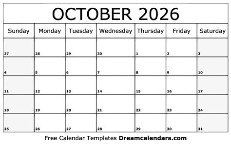 October 2026 Calendar - Free Printable with Holidays and Observances