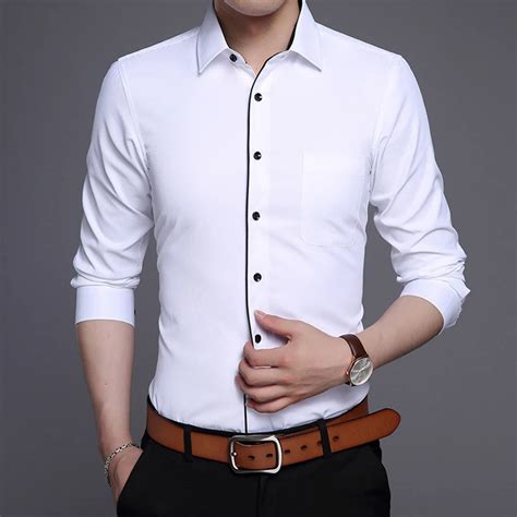 Brand Mens Fashion Formal Shirt White Slim Fit Solid Long Sleeve Cotton Office Dress Shirt Smart ...