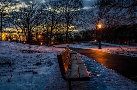 Download Night Snow Light Bench Winter Photography Park Wallpaper