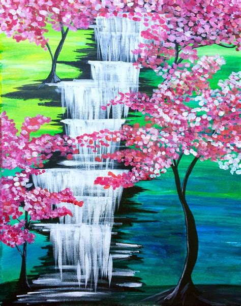 Cherry Blossom Waterfall Easy Canvas Painting, Night Painting, Easy Paintings, Beautiful ...