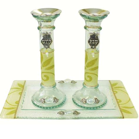 Lily Art Glass Appliquéd Pearl/Gold Shabbat Candle Holders and Tray