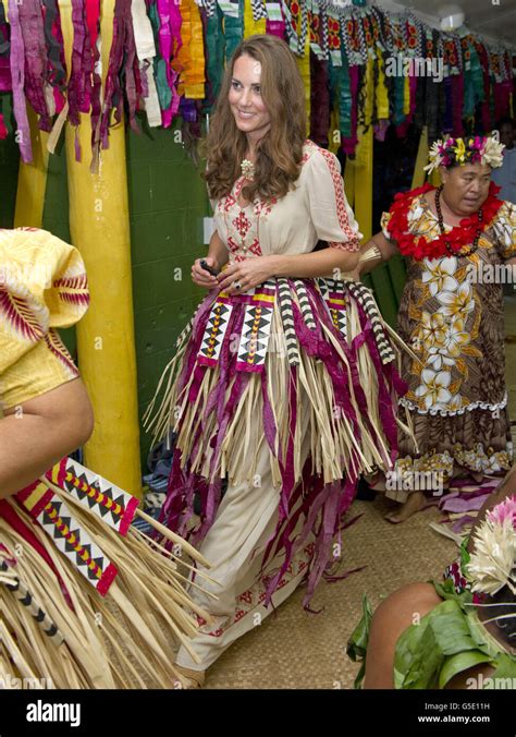 The Duchess of Cambridge gets into costume with locals at Vaiaku Falekaupule during a visit to ...