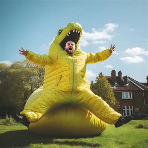 Yellow inflatable dinosaur costume - Impossible Images - Unique stock ...