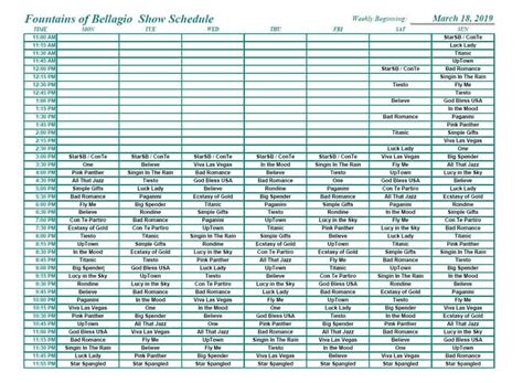 Bellagio Fountains: Schedule, Times, and Songs 2019 [Chart PDF]