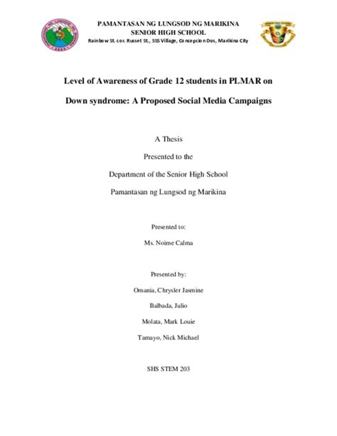 (DOC) Level of Awareness of Grade 12 students in PLMAR on Down syndrome ...