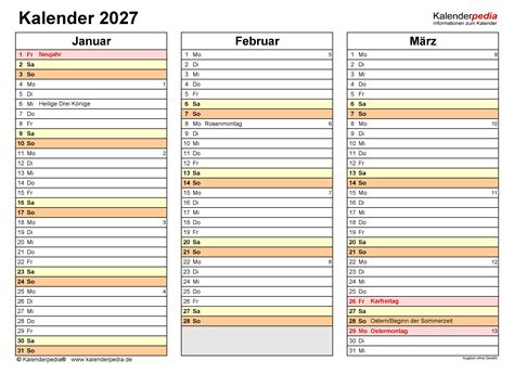 Kalender 2027 zum Ausdrucken in Excel - 19 Vorlagen (kostenlos)