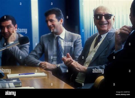 Enzo Ferrari with his son Piero in a meeting at Maranello Italy 1987 ...