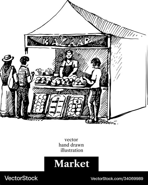 Hand drawn sketch farmers market bazaar stall Vector Image