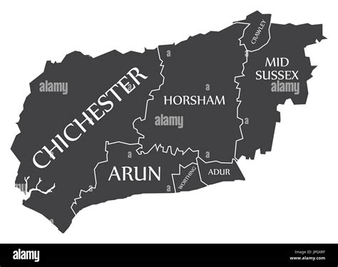 West Sussex county England UK black map with white labels illustration Stock Vector Image & Art ...