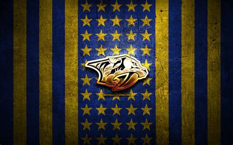 Download wallpapers Nashville Predators flag, NHL, blue yellow metal ...