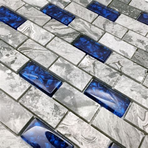 Navy Blue Glass Backsplash Tile Gray Marble 1" x 2" Subway | Fifyh.com