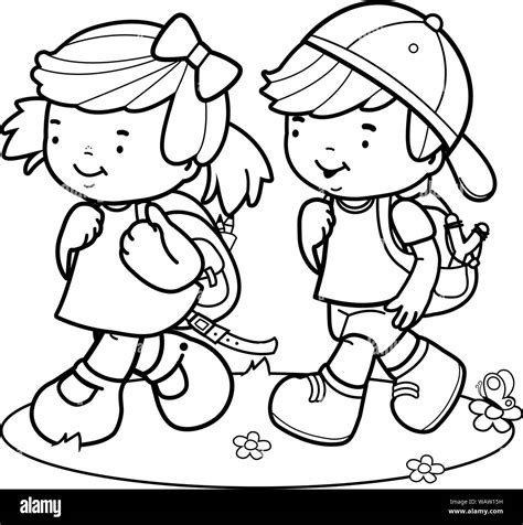 Vector black and white outline image of students walking to school. Coloring book page Stock ...