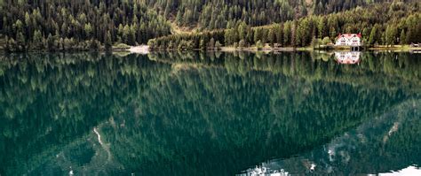 Scenic Wallpaper 4K, Mountain lake, Reflection, House