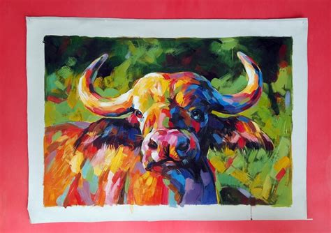 African Buffalo Oil Painting Signed Hand Painted Modern | Etsy