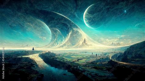 futuristic space planet landscape HD wallpaper desktop background Stock ...