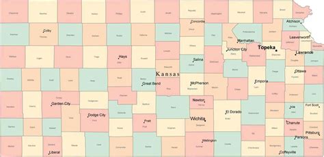 Multi Color Kansas Map with Counties, Capitals, and Major Cities