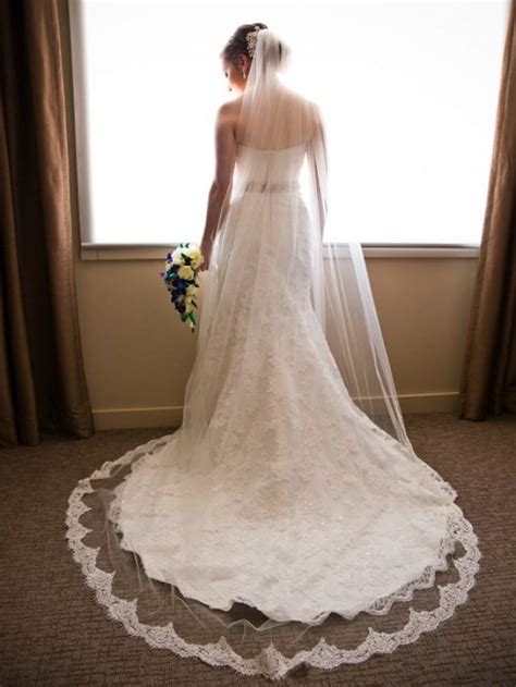 Ivory Cathedral Length Lace Veil, Beaded French Alencon Lace Wedding Veil, Off-White Bridal Veil ...