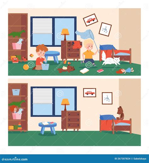 Messy and Clean Kids Nursery or Bedroom, Cartoon Flat Vector ...