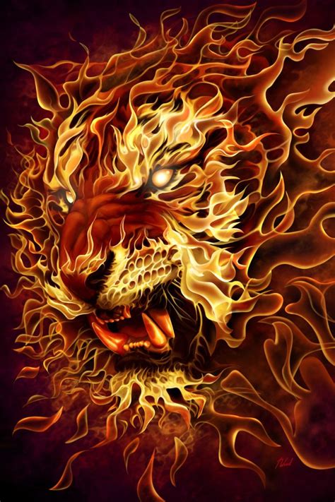 'Fire Tiger' by Tom Wood. Click for full size. (With images) | Fire lion, Lion art, Fire art