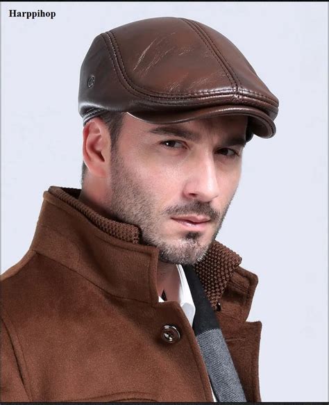 Men's outdoor leather hat winter Berets male warm Ear protection cap 100% genuine leather dad ...