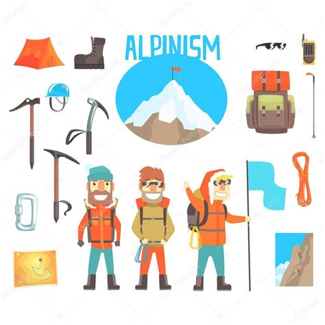 Three Mountaineers And Mountaineering Equipment Set Of Alpinism And Alpinist Tools Vector ...