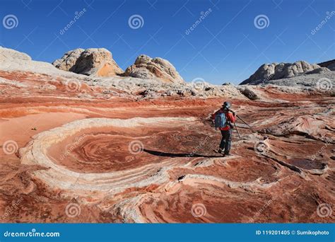 Photographer at White Pocket Stock Image - Image of hiking, dawn: 119201405