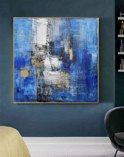 Large Blue Abstract Canvas Painting,Minimalist Abstract Painting,White ...