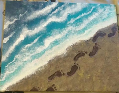 an acrylic painting of footprints on the beach