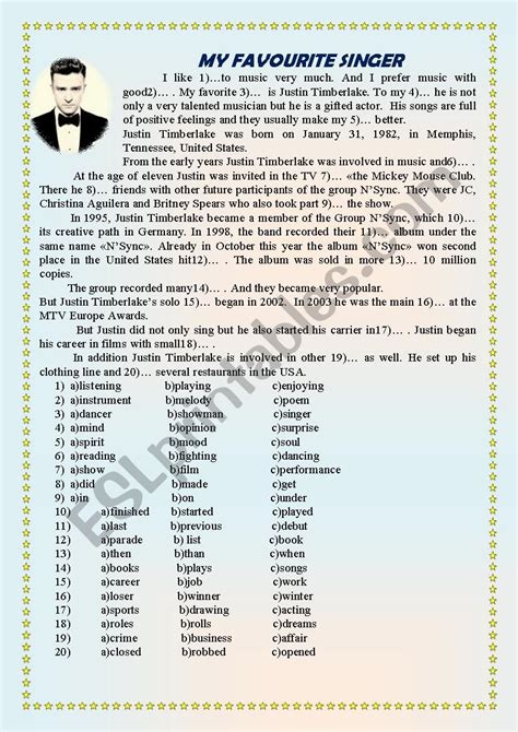 MY FAVOURITE SINGER - ESL worksheet by spankevich Vocabulary Worksheets ...