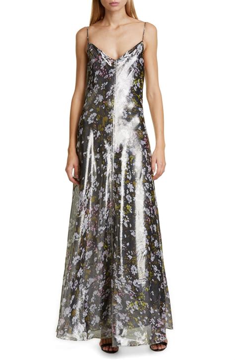 Ganni Floral Print Metallic Silk Maxi Dress | Nordstrom