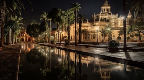 Premium AI Image | Night view of Alcazar of Seville