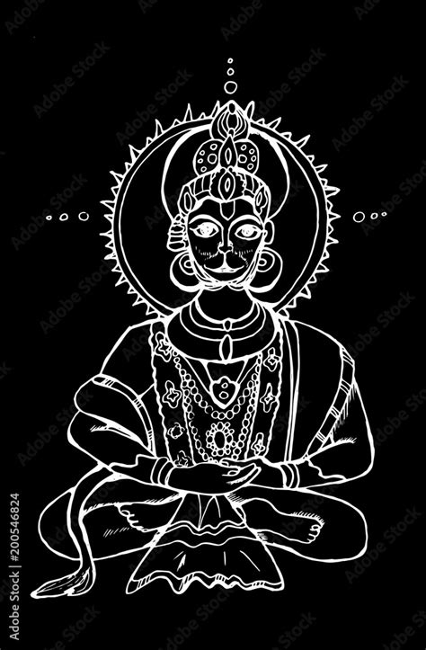 Black and white illustration of the Indian Hanuman deity. Chalk on a blackboard. Chalk on a ...