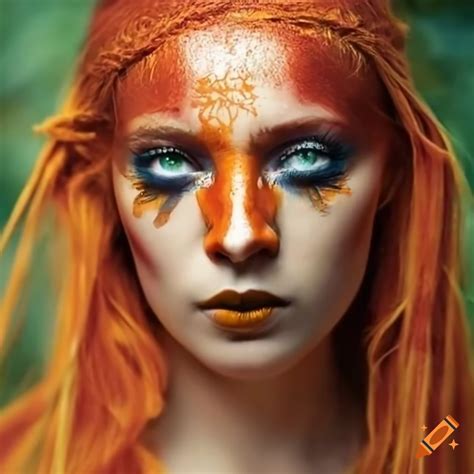 Woman with druid-inspired orange makeup